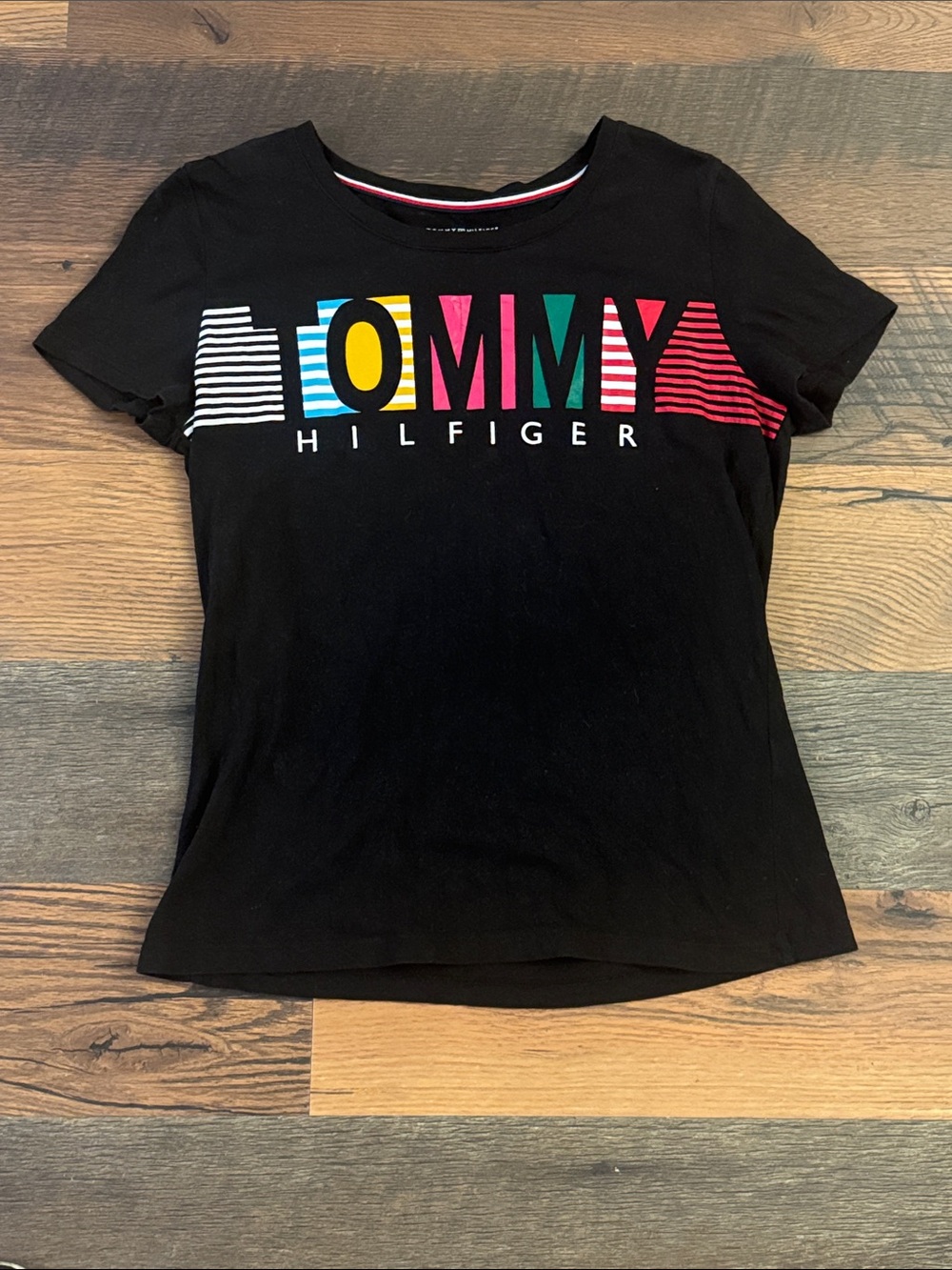Tommy Hilfiger Black Tee with Multicolor Striped Logo